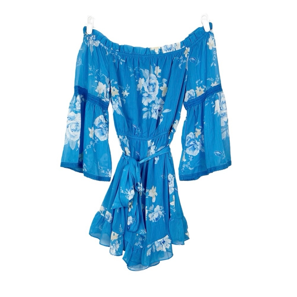 Love Colette Romper Blue Floral Ruffle Bell Sleeves Boho Coastal Prairie Small